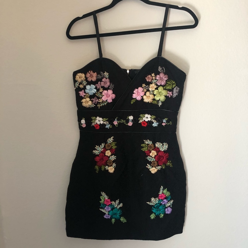 Black cocktail dress, floral embroidery
